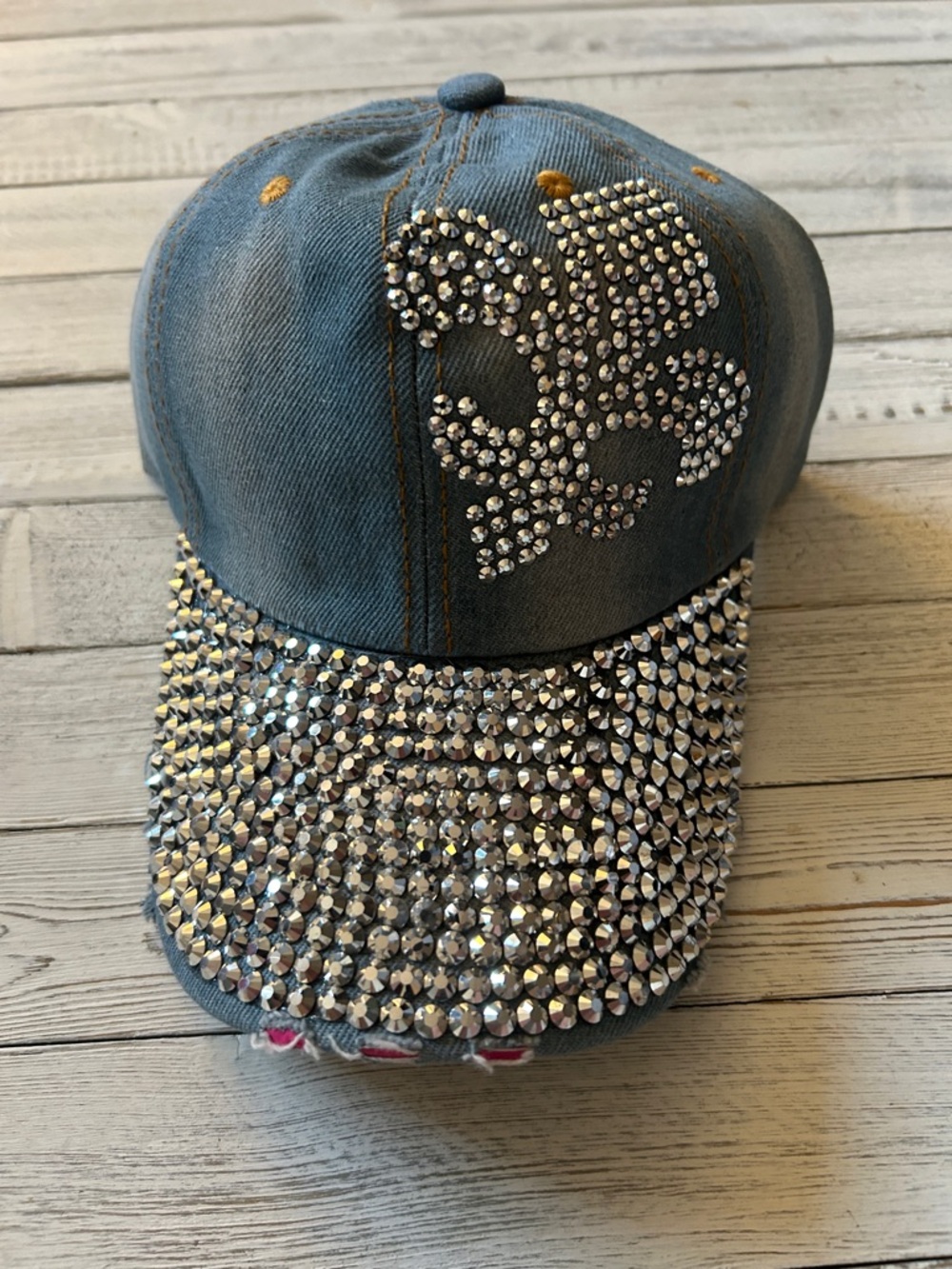 Rhinestone Studded Distressed Denim Baseball Cap  Sparkling Silver Saints Detail - Picture 4 of 6